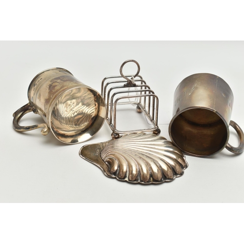 146 - FOUR PIECES OF 20TH CENTURY SILVER, comprising two conical shaped christening mugs, one with banded ... 