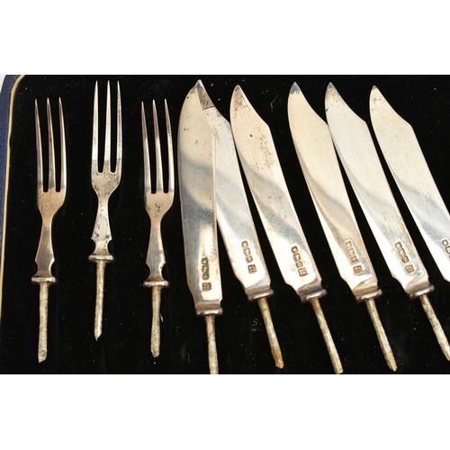 148 - A CASED SET OF CUTLERY, AF silver knife blades and fork prongs, missing handles, hallmarked 'John Sa... 