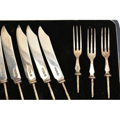 148 - A CASED SET OF CUTLERY, AF silver knife blades and fork prongs, missing handles, hallmarked 'John Sa... 