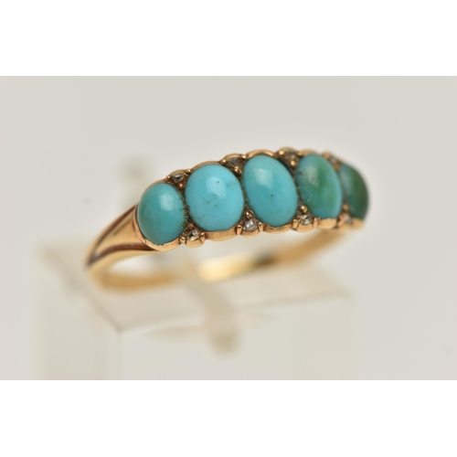 151 - A FIVE STONE TURQUOISE RING, five oval cabochon sones, accented with eight rose cut diamonds, prong ... 