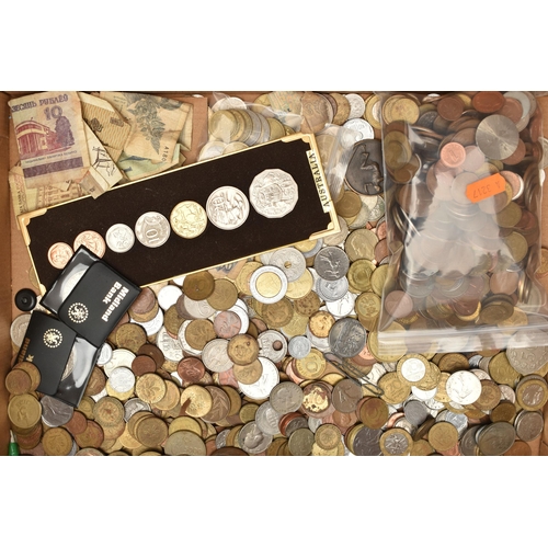 156 - A BOX CONTAINING WORLD COINS AND BANKNOTES, to include mixed coinage mainly Germany and France, a se... 