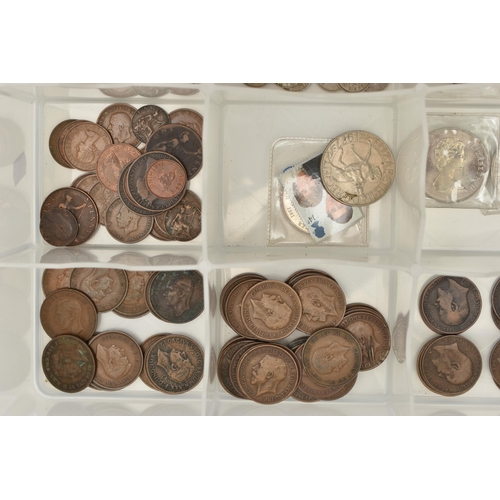 159 - A PLASTIC SECTIONED TRAY OF MIXED COINAGE TO INCLUDE, an 1885 Victoria Shilling coin, a bag of Silve... 