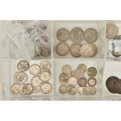 159 - A PLASTIC SECTIONED TRAY OF MIXED COINAGE TO INCLUDE, an 1885 Victoria Shilling coin, a bag of Silve... 