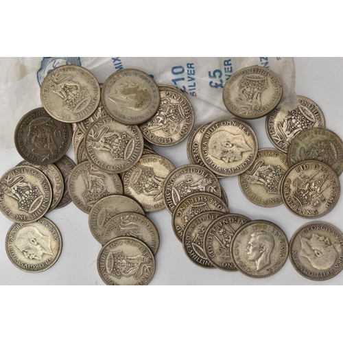 160 - A BOX OF MIXED COINAGE, to include a bag of Georgian One Shillings, approximate gross weight 223 gra... 