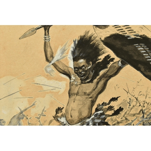 326 - STANLEY L. WOOD (1860-1928) TWO ILLUSTRATIONS DEPICTING ZULU WARRIORS, the first depicting a leaping... 