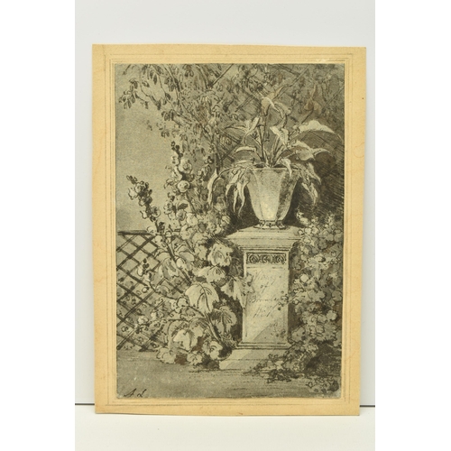 328 - AMELIA HANNAH LONG - LADY FARNBOROUGH (1762-1837)  A VIEW IN A GARDEN, depicting a jardiniere atop a... 