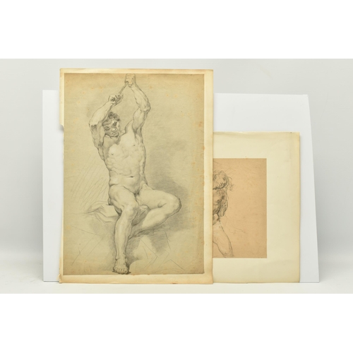 339 - CIRCLE OF ROBERT SURTEES ( 1737-1802) A NUDE MALE FIGURE STUDY, the male is seated and is holding on... 