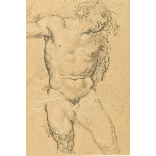 339 - CIRCLE OF ROBERT SURTEES ( 1737-1802) A NUDE MALE FIGURE STUDY, the male is seated and is holding on... 