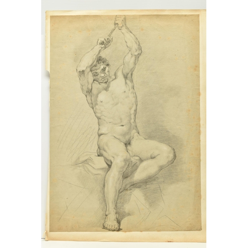 339 - CIRCLE OF ROBERT SURTEES ( 1737-1802) A NUDE MALE FIGURE STUDY, the male is seated and is holding on... 