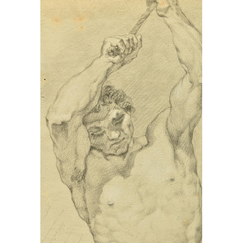 339 - CIRCLE OF ROBERT SURTEES ( 1737-1802) A NUDE MALE FIGURE STUDY, the male is seated and is holding on... 