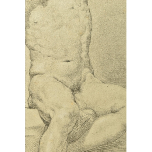 339 - CIRCLE OF ROBERT SURTEES ( 1737-1802) A NUDE MALE FIGURE STUDY, the male is seated and is holding on... 