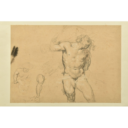 339 - CIRCLE OF ROBERT SURTEES ( 1737-1802) A NUDE MALE FIGURE STUDY, the male is seated and is holding on... 