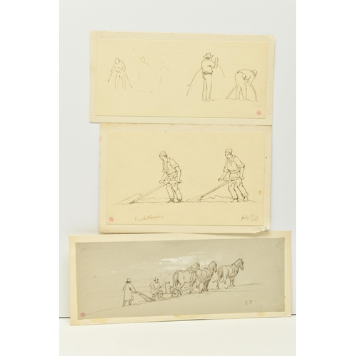 340 - EDWARD DUNCAN (1803-1882) THREE FARMING THEMED SKETCHES, comprising a ploughing scene with heavy hor... 