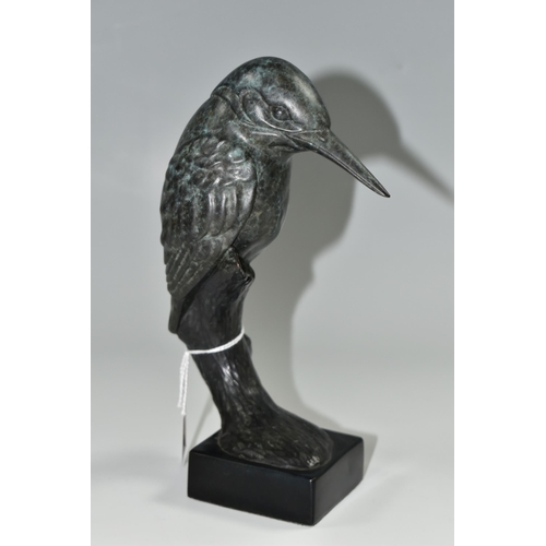 342 - BILL PRICKETT - A BRONZE 'KINGFISHER ON STUMP', with marbled blue finish, numbered 26/50 to marble p... 