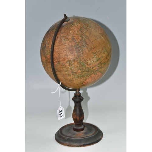 343 - A SMALL 'GEOGRAPHIA' DESK TOP GLOBE,  8 inch terrestrial globe, on an ebonised wooden stand, height ... 