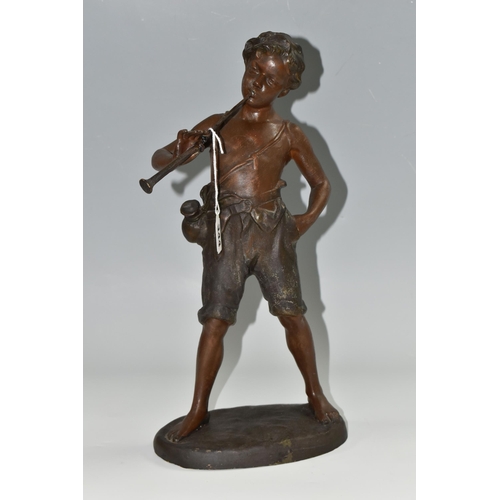 344 - A FRENCH BRONZED SPELTER FIGURE OF 'BOY PLAYING FLUTE', after Auguste Moreau, depicting a boy in sho... 