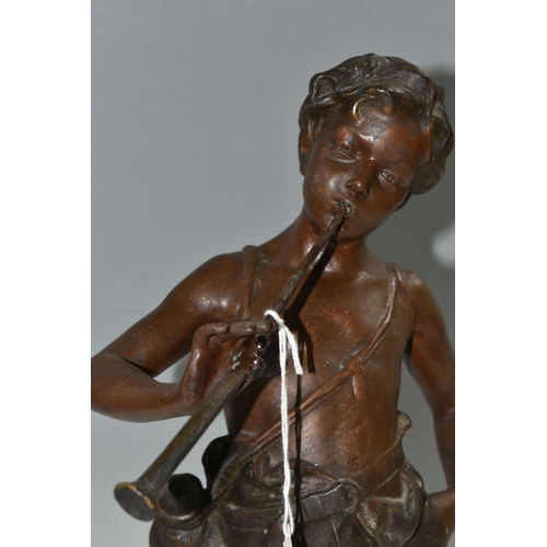 344 - A FRENCH BRONZED SPELTER FIGURE OF 'BOY PLAYING FLUTE', after Auguste Moreau, depicting a boy in sho... 