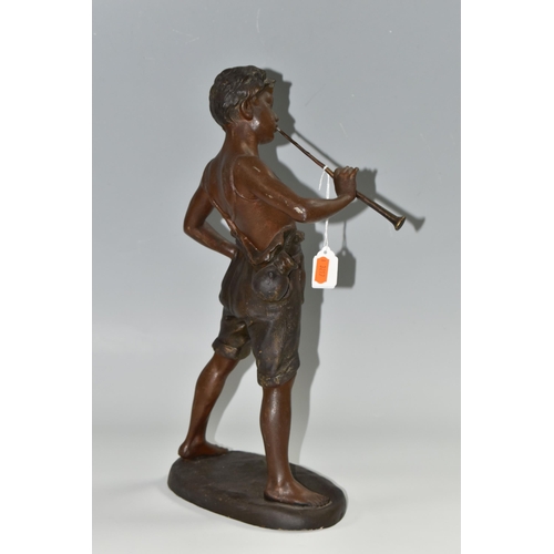 344 - A FRENCH BRONZED SPELTER FIGURE OF 'BOY PLAYING FLUTE', after Auguste Moreau, depicting a boy in sho... 