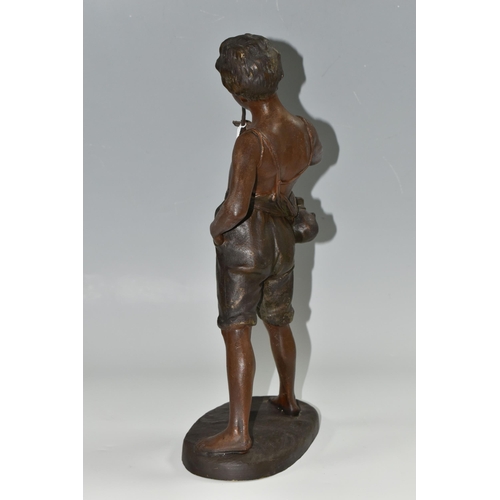 344 - A FRENCH BRONZED SPELTER FIGURE OF 'BOY PLAYING FLUTE', after Auguste Moreau, depicting a boy in sho... 