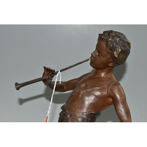 344 - A FRENCH BRONZED SPELTER FIGURE OF 'BOY PLAYING FLUTE', after Auguste Moreau, depicting a boy in sho... 