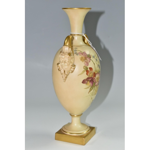 348 - A ROYAL WORCESTER VASE WITH MASK BOSS HANDLES, a collared flared neck vase in a blush ivory ground w... 