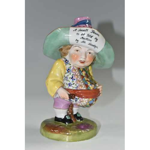 351 - A 19TH CENTURY DERBY MANSION HOUSE DWARF, his broad brimmed hat entitled 'A small farm to be sold by... 