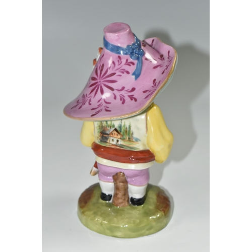 351 - A 19TH CENTURY DERBY MANSION HOUSE DWARF, his broad brimmed hat entitled 'A small farm to be sold by... 