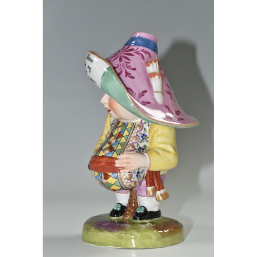 351 - A 19TH CENTURY DERBY MANSION HOUSE DWARF, his broad brimmed hat entitled 'A small farm to be sold by... 