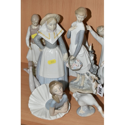 353 - A GROUP OF TEN LLADRO, LLADRO NAO AND SIMILAR FIGURES, comprising 5787 'Sophisticate', 1359 'ballet ... 