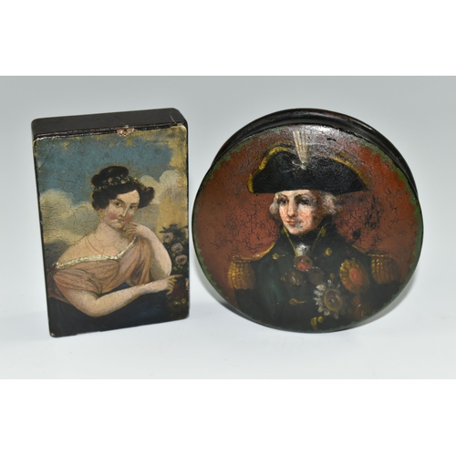 355 - TWO 19TH CENTURY STYLE PAPIER MACHE SNUFF BOXES, the circular example with later? painted cover of N... 