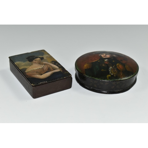 355 - TWO 19TH CENTURY STYLE PAPIER MACHE SNUFF BOXES, the circular example with later? painted cover of N... 