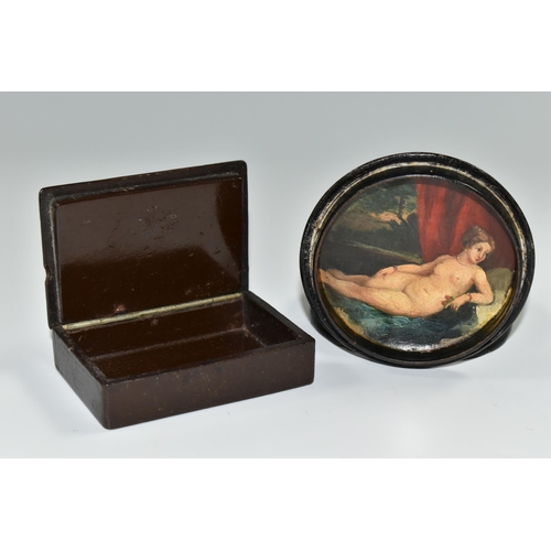 355 - TWO 19TH CENTURY STYLE PAPIER MACHE SNUFF BOXES, the circular example with later? painted cover of N... 