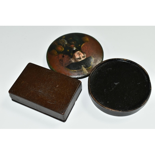 355 - TWO 19TH CENTURY STYLE PAPIER MACHE SNUFF BOXES, the circular example with later? painted cover of N... 