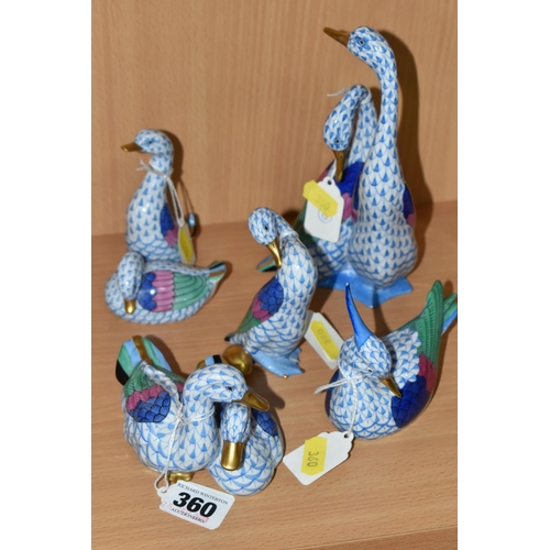 360 - FIVE HUNGARIAN HEREND PORCELAIN BIRDS, comprising a pair of geese, two pairs of ducks, a preening du... 