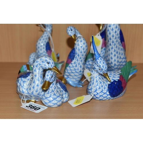 360 - FIVE HUNGARIAN HEREND PORCELAIN BIRDS, comprising a pair of geese, two pairs of ducks, a preening du... 