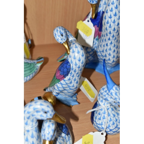 360 - FIVE HUNGARIAN HEREND PORCELAIN BIRDS, comprising a pair of geese, two pairs of ducks, a preening du... 