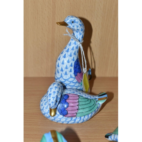 360 - FIVE HUNGARIAN HEREND PORCELAIN BIRDS, comprising a pair of geese, two pairs of ducks, a preening du... 