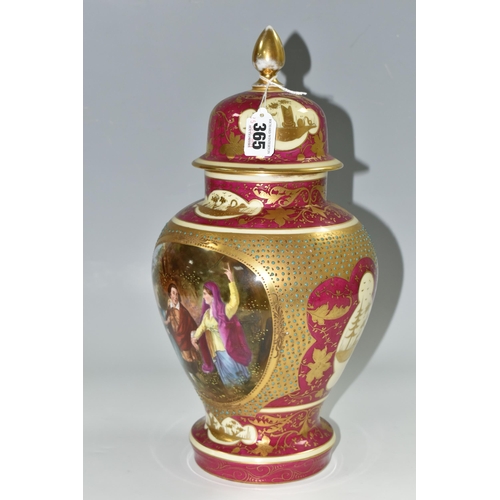 365 - A VIENNA STYLE COVERED VASE, printed and tinted with three figures in a landscape on a cerise gilt g... 