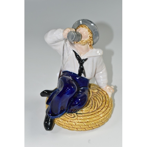 367 - A MAJOLICA FIGURE OF A SEATED SAILOR DRINKING FROM A TANKARD, IN THE STYLE OF MINTON, unmarked, heig... 