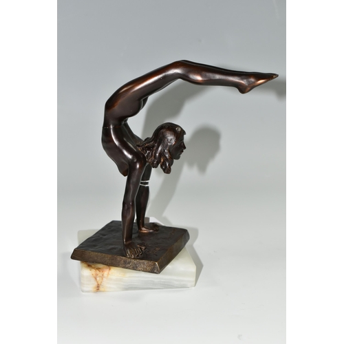 370 - AN ART DECO STYLE BRONZE FIGURE OF A NUDE FEMALE ACROBAT AFTER CARL JOHAN BONNESEN, marked to the to... 