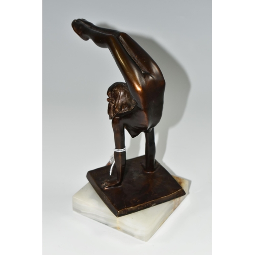 370 - AN ART DECO STYLE BRONZE FIGURE OF A NUDE FEMALE ACROBAT AFTER CARL JOHAN BONNESEN, marked to the to... 