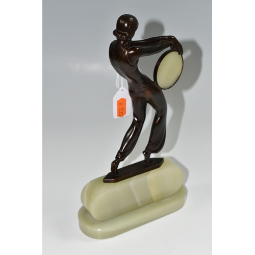 371 - AFTER LORENZL, an Art Deco style bronze figure of a tambourine dancer, on a green onyx base, height ... 