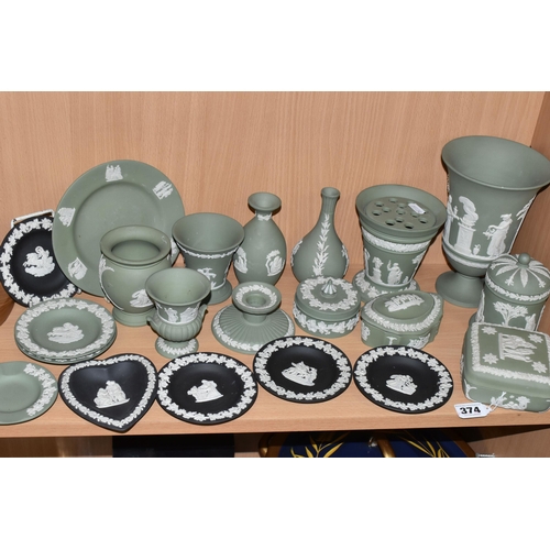 374 - TWENTY ONE PIECES OF WEDGWOOD JASPERWARES, mainly sage green, with five black pin dishes, to include... 