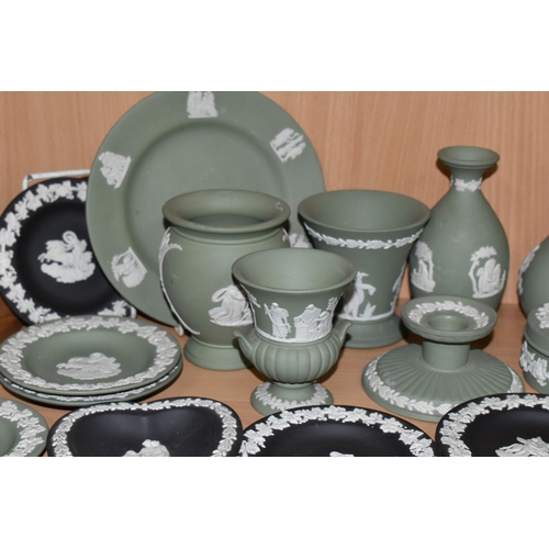 374 - TWENTY ONE PIECES OF WEDGWOOD JASPERWARES, mainly sage green, with five black pin dishes, to include... 