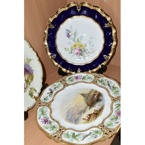 377 - TWO ROYAL CROWN DERBY CABINET PLATES AND ANOTHER 19TH CENTURY CABINET PLATE, POSSIBLY DERBY, the pie... 