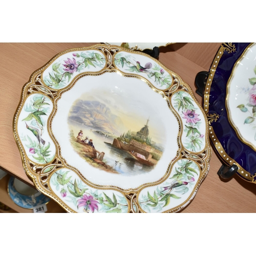 377 - TWO ROYAL CROWN DERBY CABINET PLATES AND ANOTHER 19TH CENTURY CABINET PLATE, POSSIBLY DERBY, the pie... 