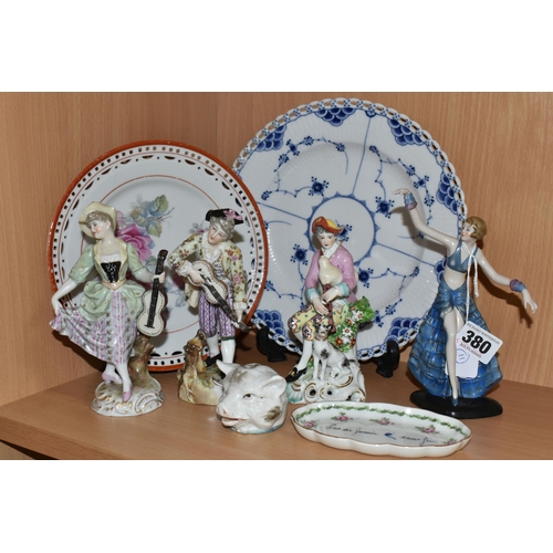 380 - A SMALL GROUP OF LATE 19TH AND 20TH CENTURY CERAMICS, comprising an Art Deco porcelain figure of a f... 