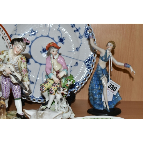 380 - A SMALL GROUP OF LATE 19TH AND 20TH CENTURY CERAMICS, comprising an Art Deco porcelain figure of a f... 