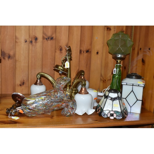 388 - AN ART DECO THREE GRACES URANIUM GLASS TABLE LAMP, TWO CEILING LIGHT FITTINGS AND A TIFFANY STYLE SH... 