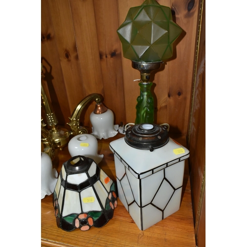 388 - AN ART DECO THREE GRACES URANIUM GLASS TABLE LAMP, TWO CEILING LIGHT FITTINGS AND A TIFFANY STYLE SH... 